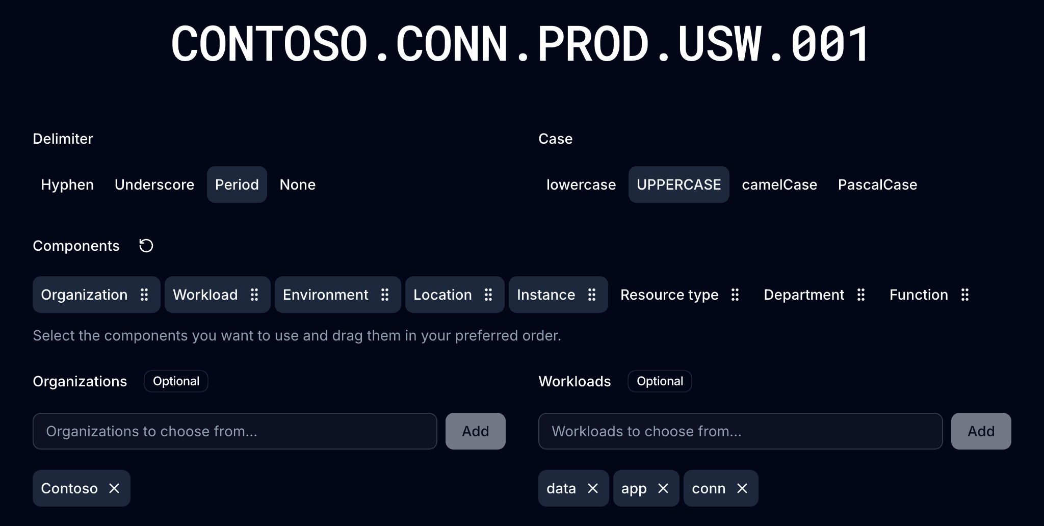 Project customization in the Azure Naming Convention Tool