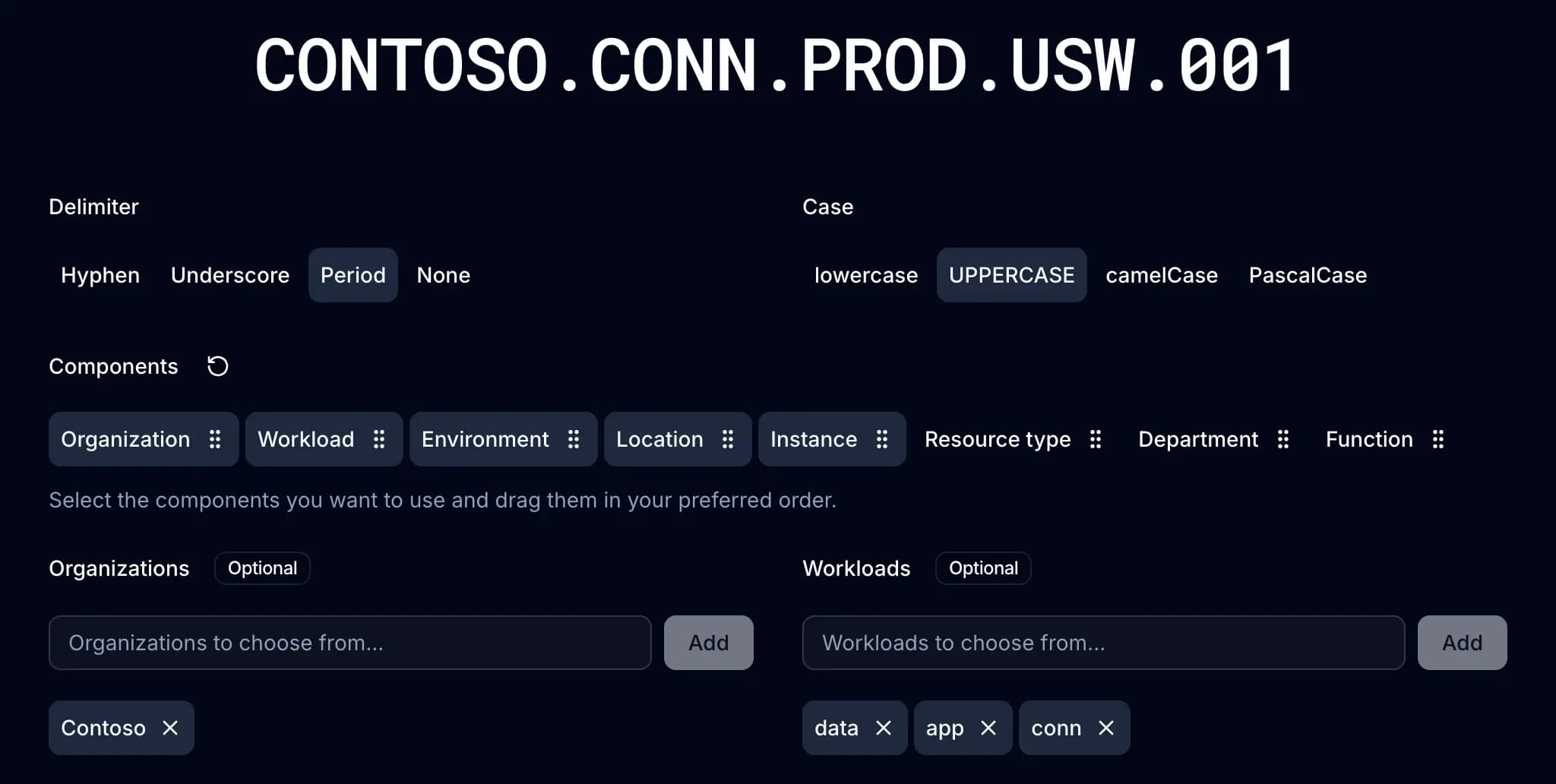 Project customization in the Azure Naming Convention Tool