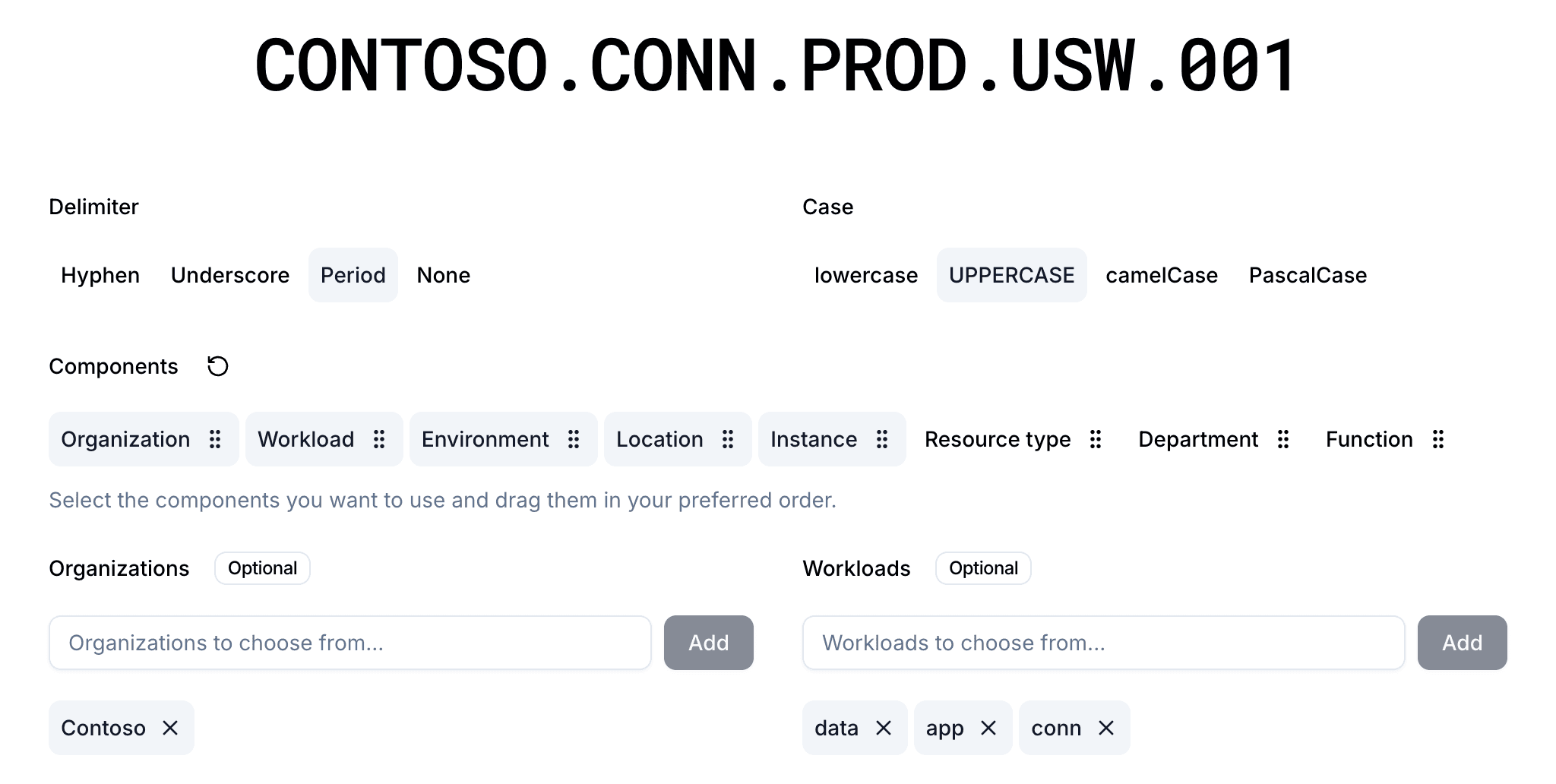 Project customization in the Azure Naming Convention Tool
