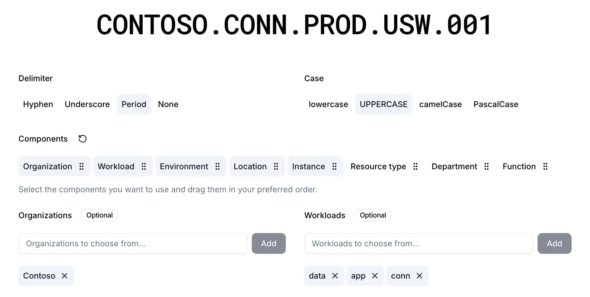 Project customization in the Azure Naming Convention Tool