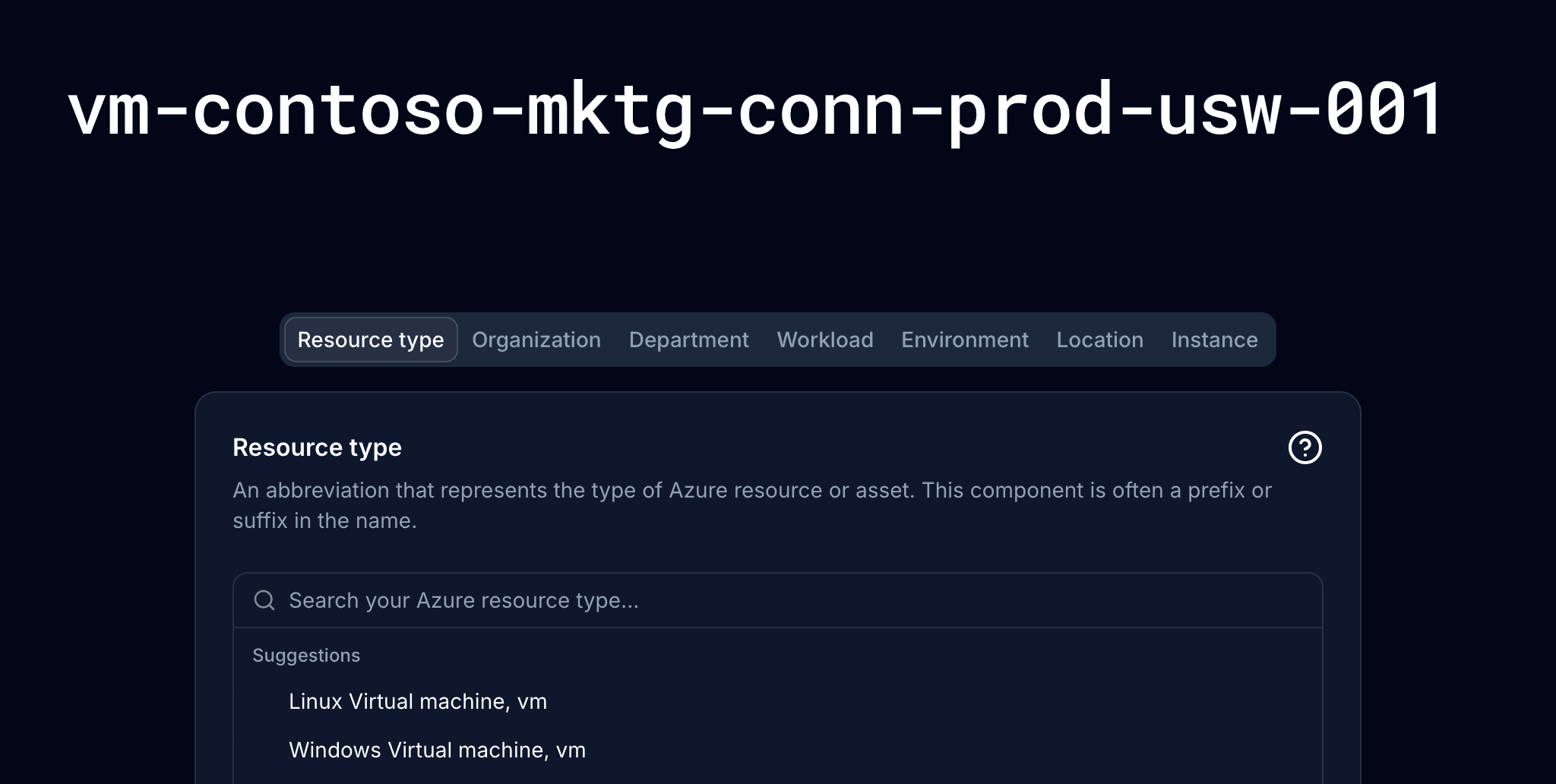 Name generation in the Azure Naming Convention Tool