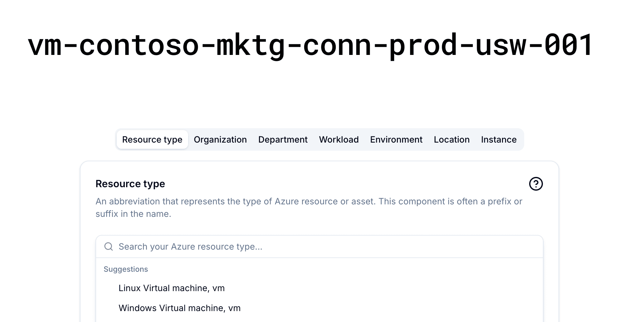 Name generation in the Azure Naming Convention Tool