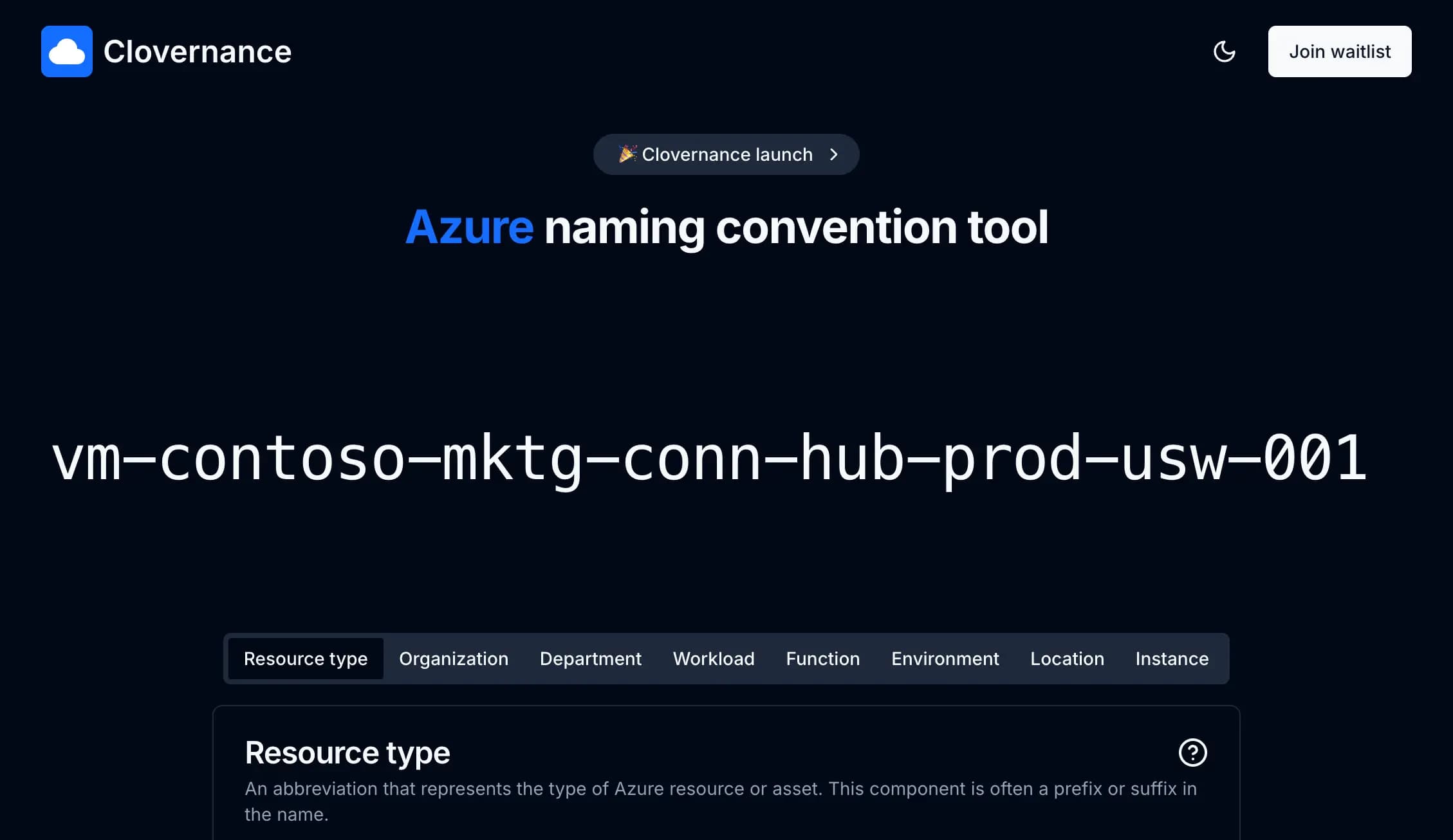 Clovernance home page with Azure Naming Convention Tool