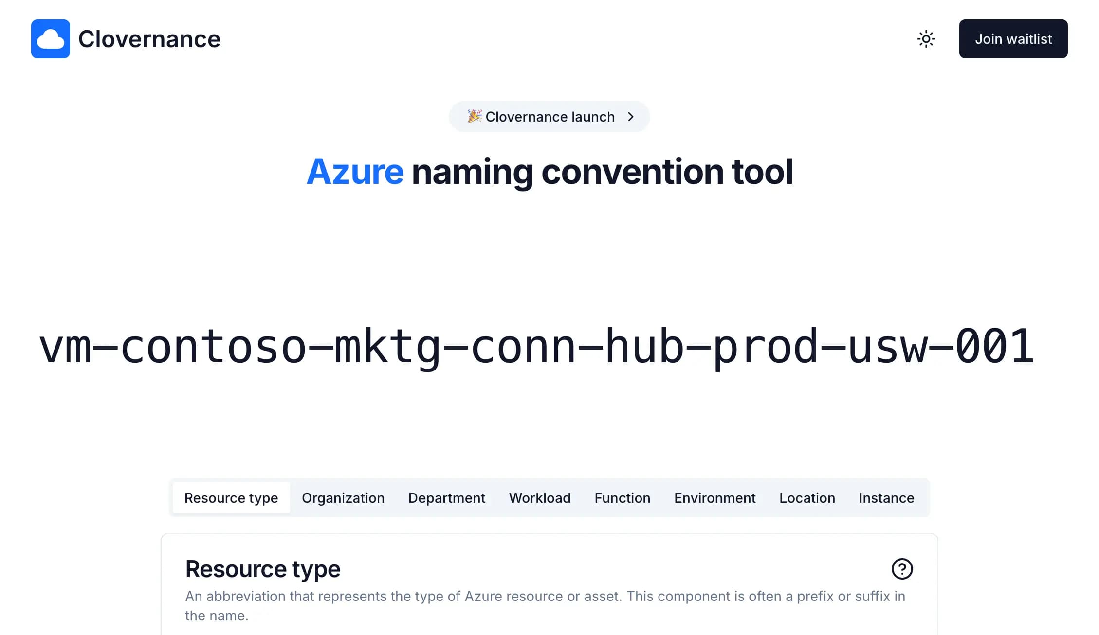 Clovernance home page with Azure Naming Convention Tool
